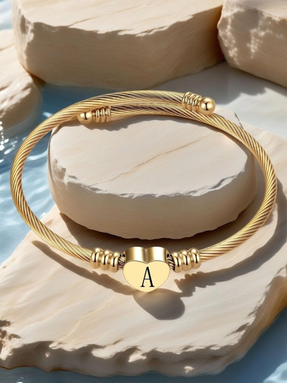 Women Gold Plated Heart Initial A-Z Letter Cuff Bracelets Expandable Stainless S - Picture 4 of 7